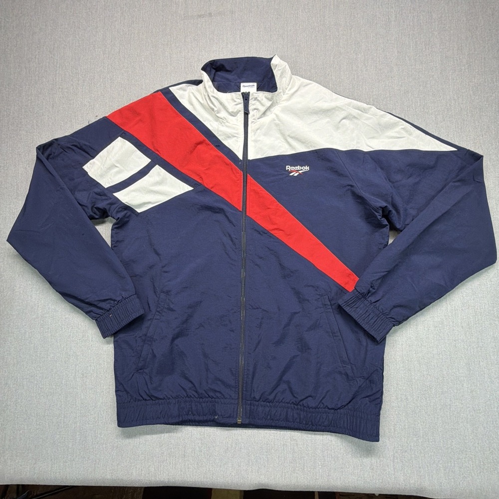 Vintage Reebok Classic Jacket Mens L Blue Full‎ Zip Windbreaker Sports Retro